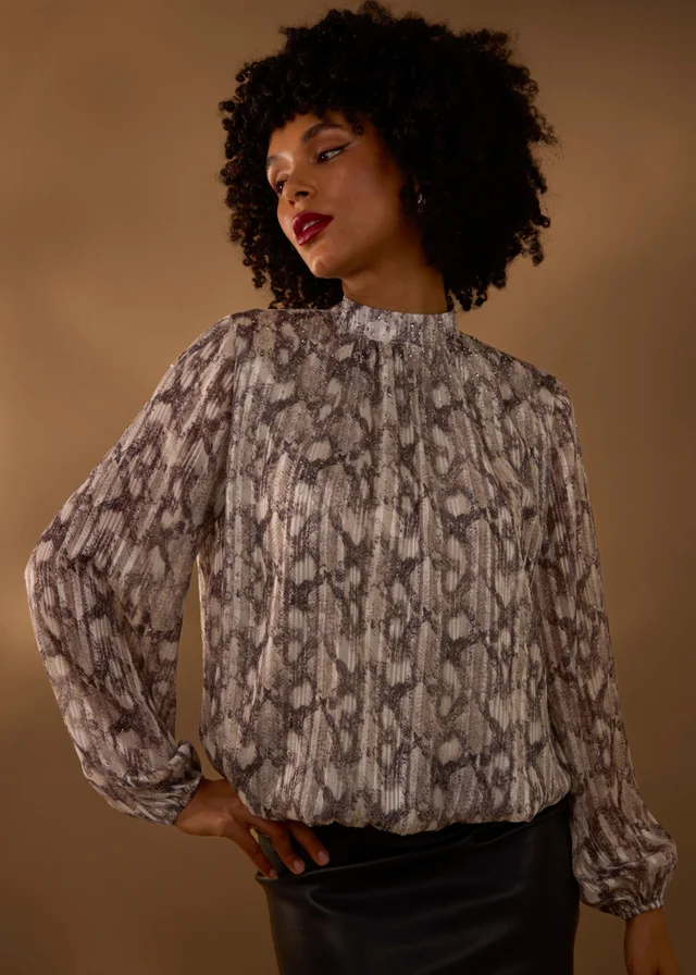 Blue Vanilla Grey Rhinestone Studded Snake Print Blouse