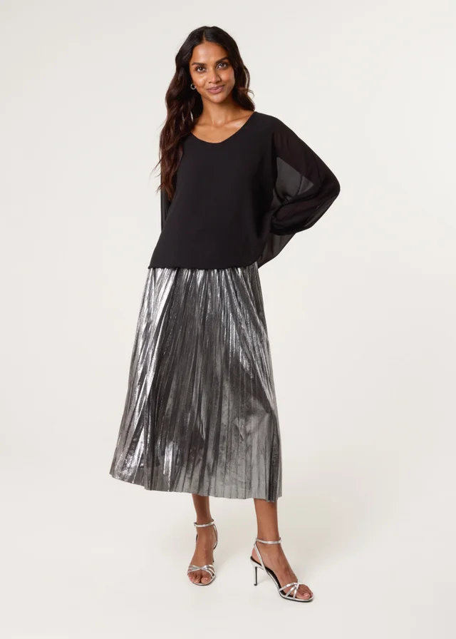 Blue Vanilla Grey Metallic Pleated Tulle Skirt