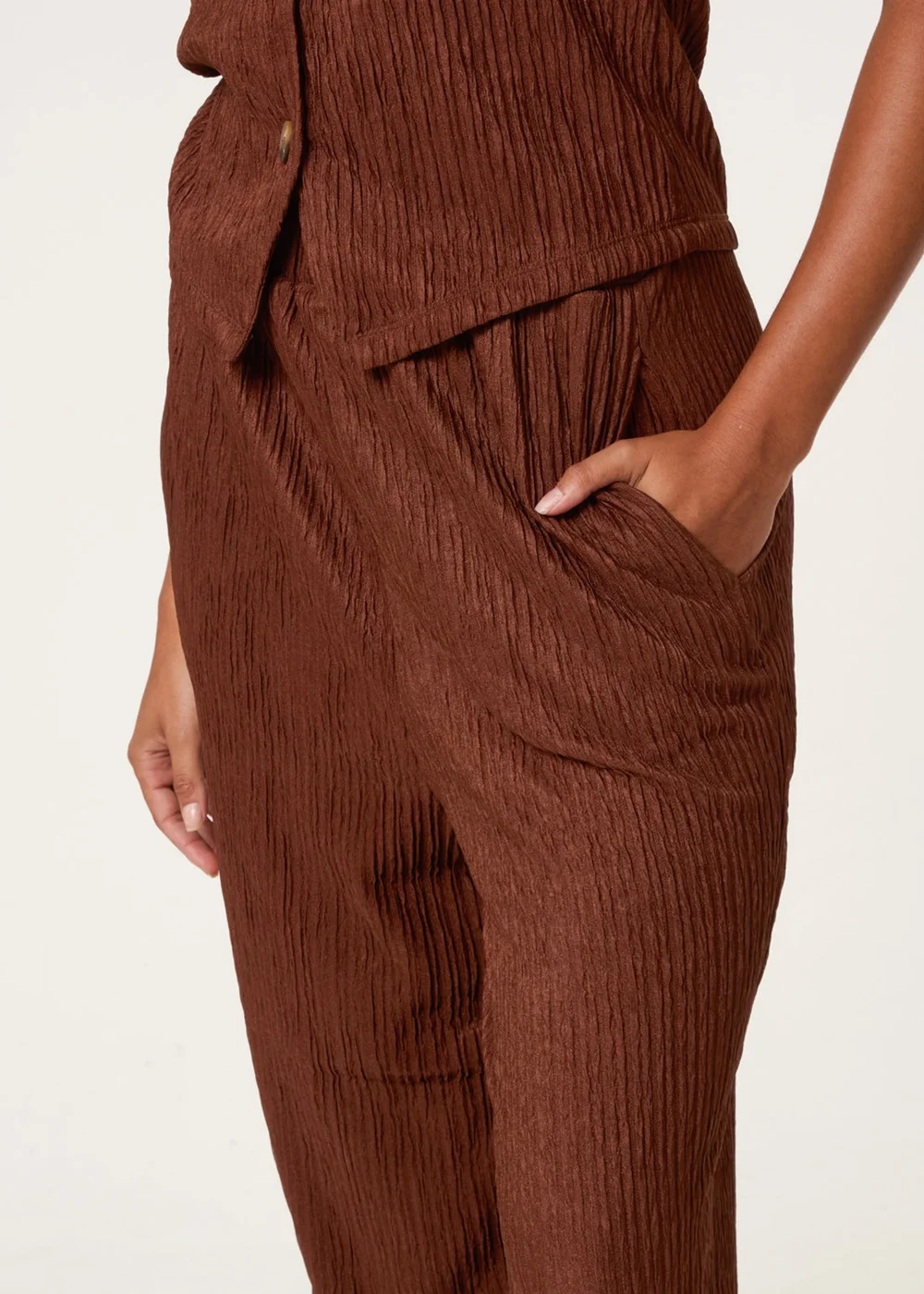 Blue Vanilla Brown Crinkle Elasticated Waist Wide Leg Trousers - L Image 3