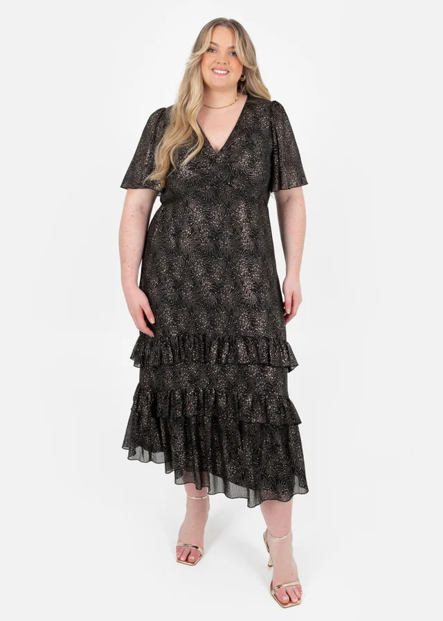 Lovedrobe Gold Foil Detail Angel Sleeve Ruffled Midaxi Dress