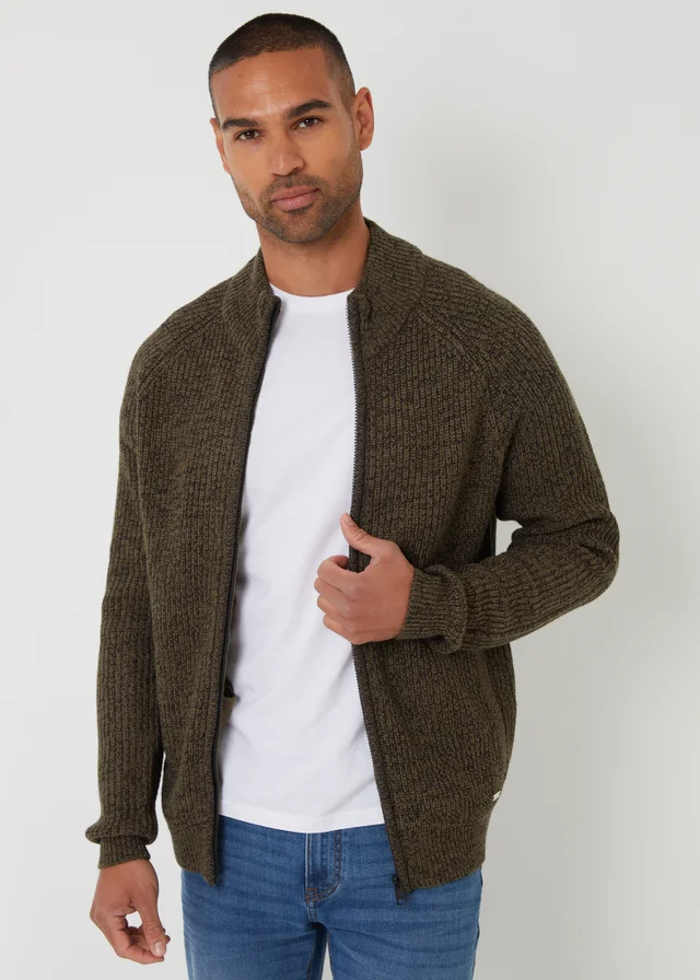 Threadbare Khaki Zip Through Funnel Neck Cardigan