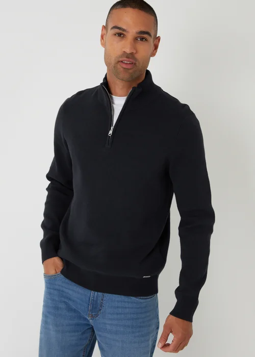 Threadbare Black Cotton Blend Knitted Quarter Zip Jumper - 2XL Image 1
