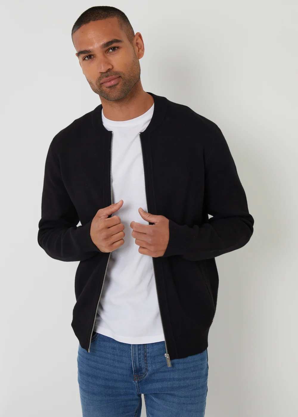 Threadbare Black Bomber-Style Knitted Zip Through Cardigan - XXL Image 1