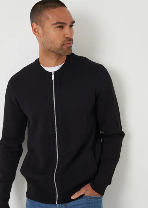 Threadbare Black Bomber-Style Knitted Zip Through Cardigan - XXL Image 4