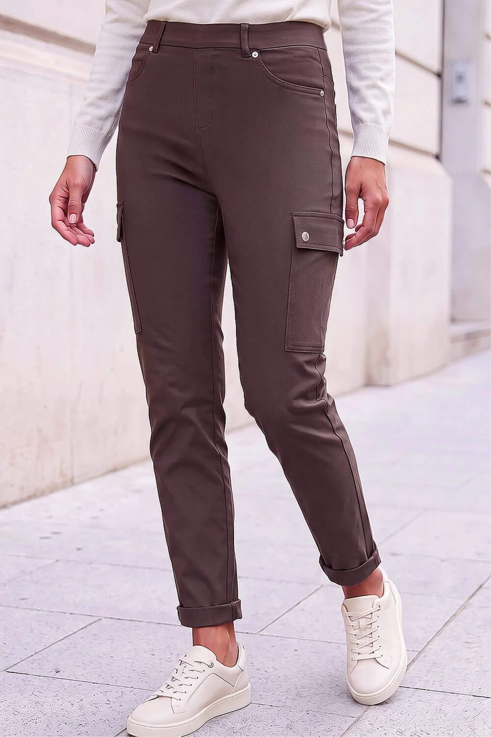 Roman Chocolate Turn Up Stretch Cargo Trousers - 12 Image 1
