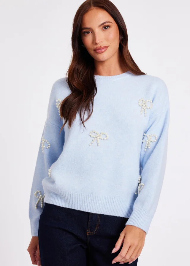 Quiz Blue Knitted Pearl Bow Jumper
