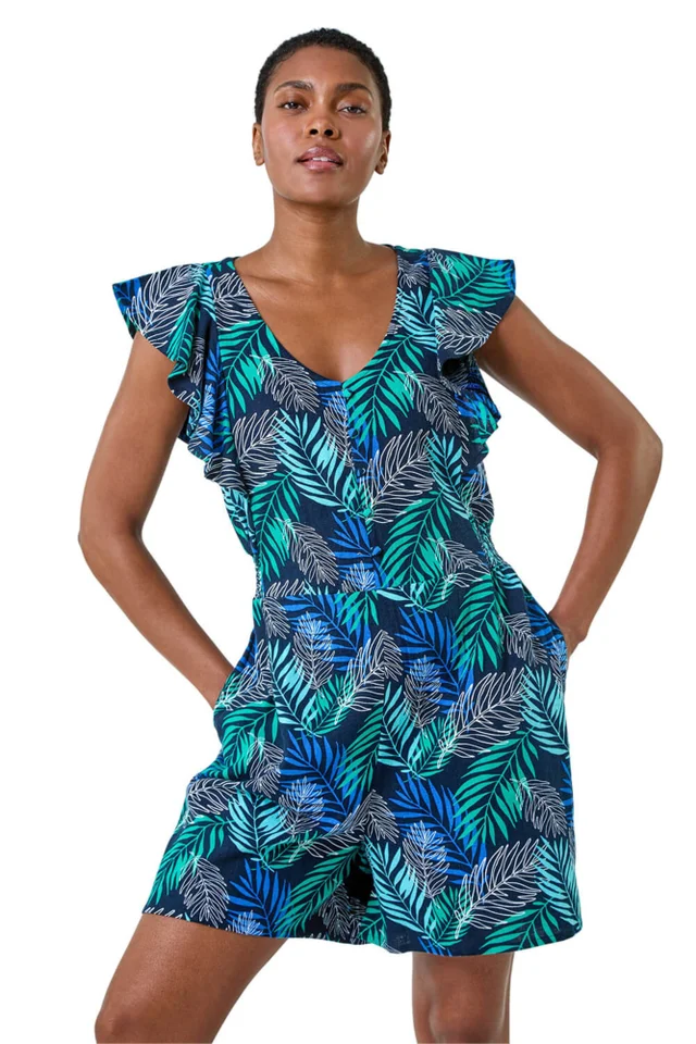 Roman Blue Tropical Leaf Print Playsuit