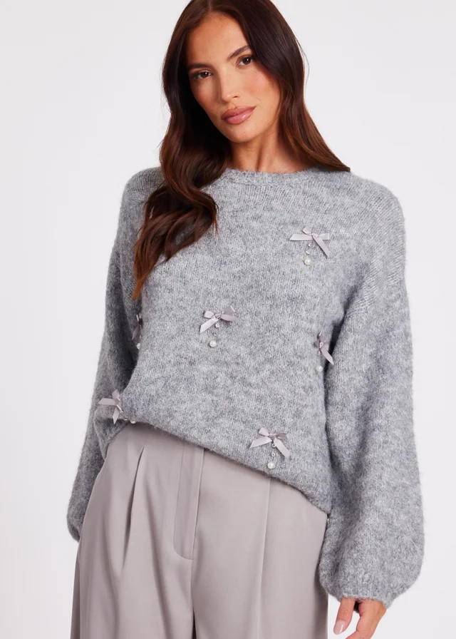 Quiz Grey Knitted Pearl Bow Jumper