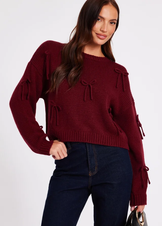 Quiz Burgundy Bow Detail Cropped Jumper