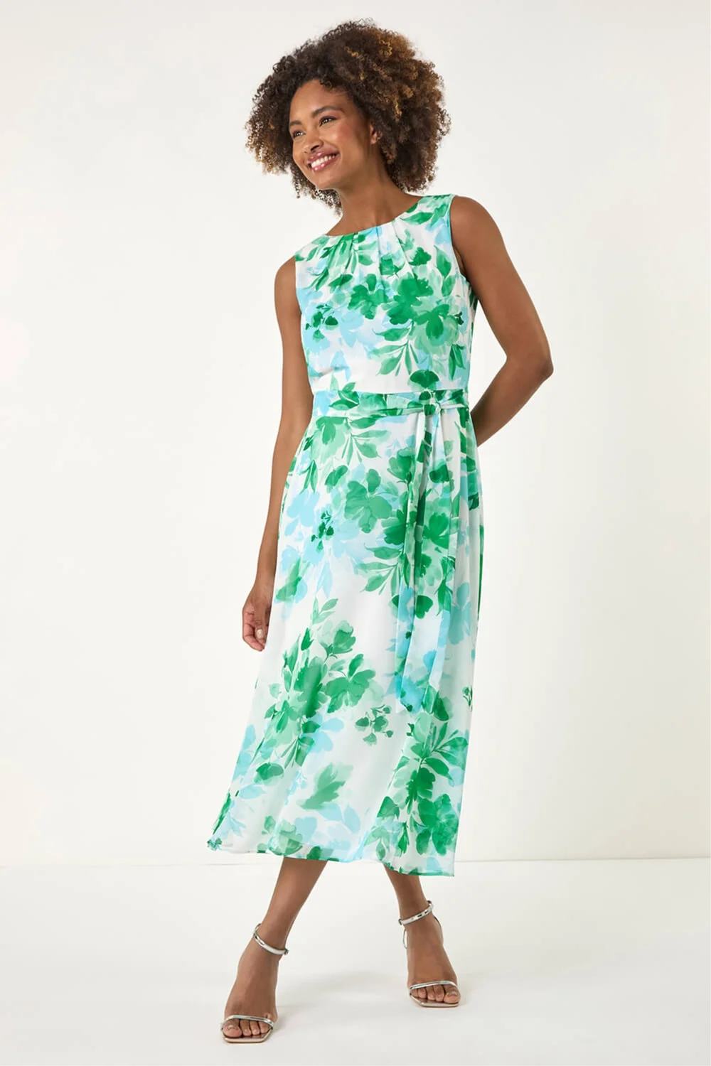 Roman Green Floral Pleated Neck Midi Dress - 20 Image 2