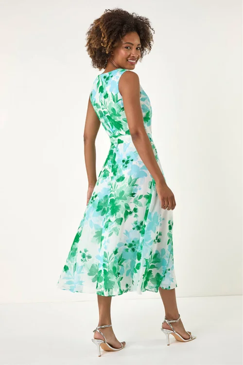 Roman Green Floral Pleated Neck Midi Dress - 20 Image 3
