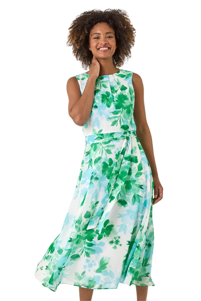 Roman Green Floral Pleated Neck Midi Dress