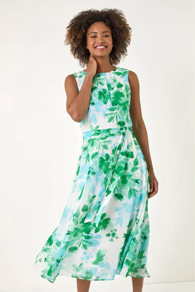 Roman Green Floral Pleated Neck Midi Dress