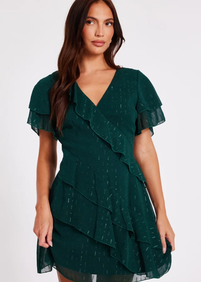 Quiz Green Chiffon Ruffle Mini Dress