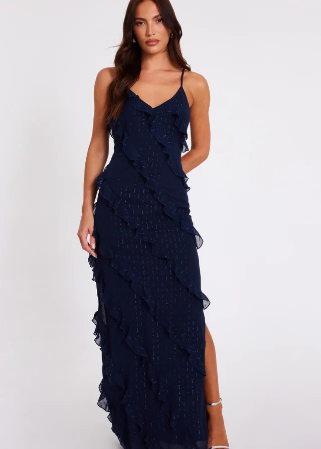 Quiz Navy Chiffon Ruffle Midaxi Dress