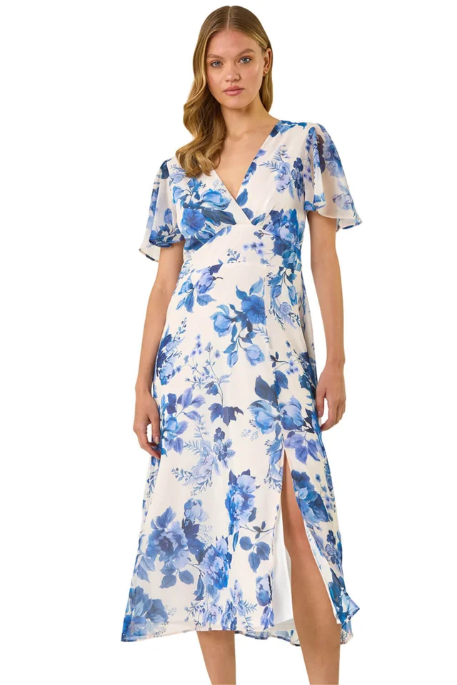 Roman White Floral Print V-Neck Midi Dress