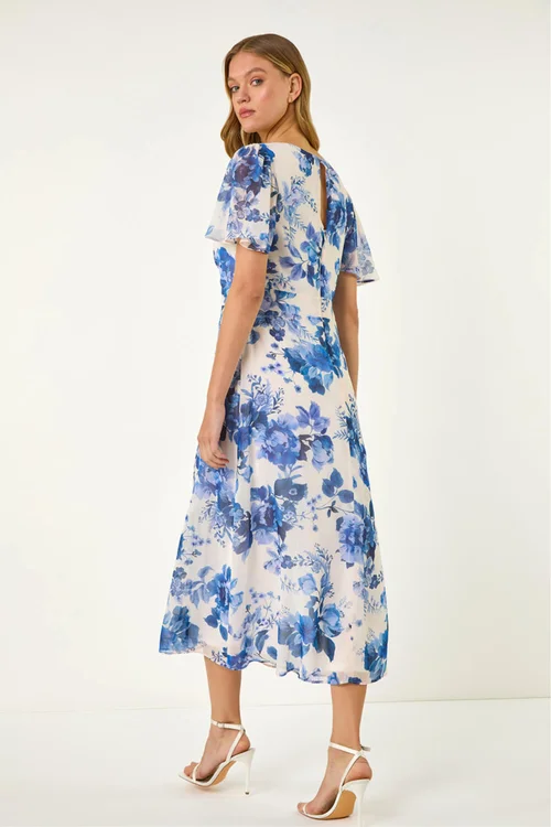 Roman White Floral Print V-Neck Midi Dress - Size 16 Clothing Image 4