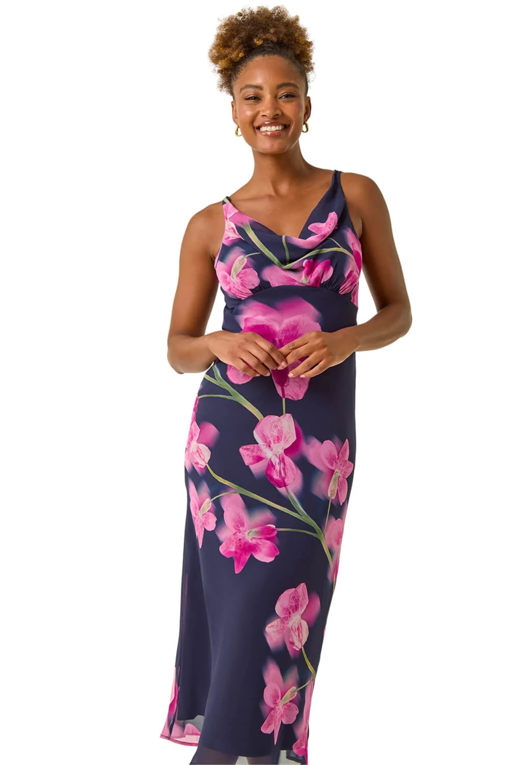 Roman Navy Floral Print Cowl Neck Midi Dress - Size 10 Image 1