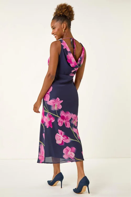 Roman Navy Floral Print Cowl Neck Midi Dress - Size 10 Image 3