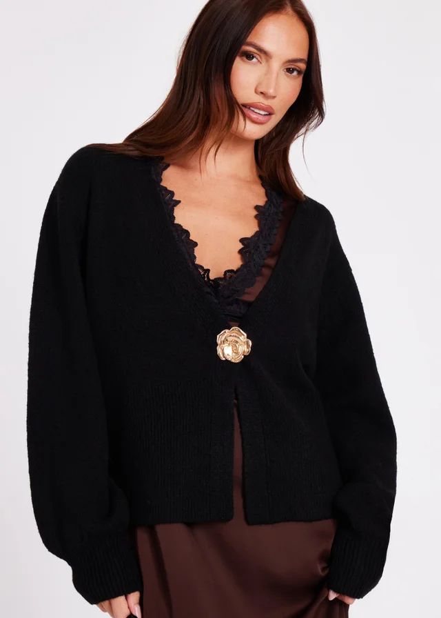 Quiz Black Knit Flower Button Cardigan