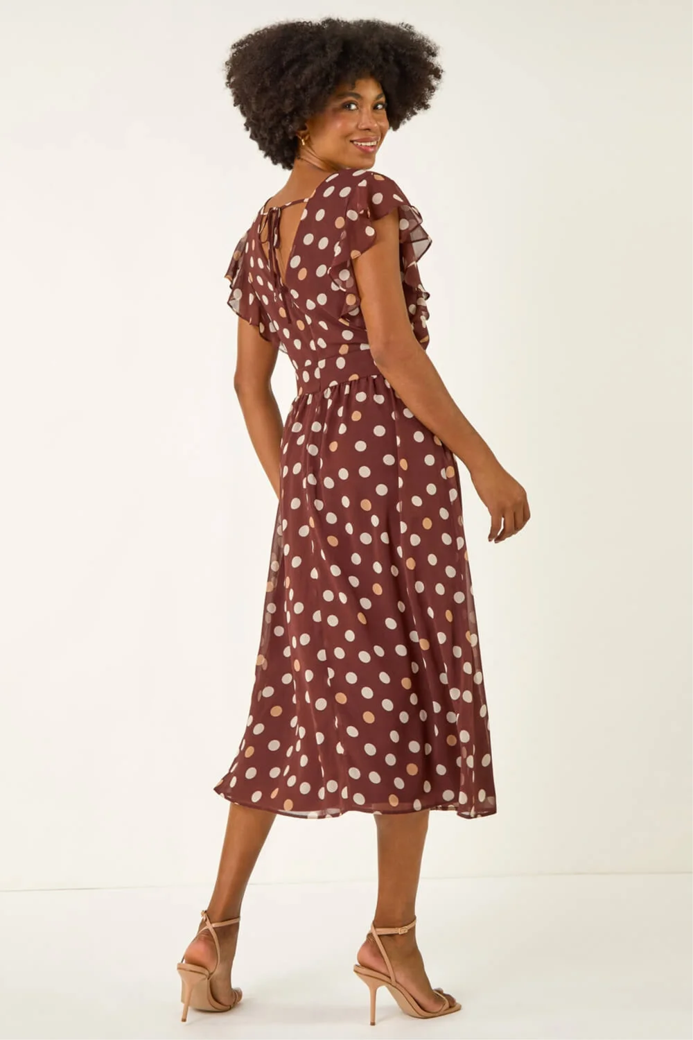 Roman Brown Spot Print V-Neck Frill Midi Dress - Size 12 Image 3