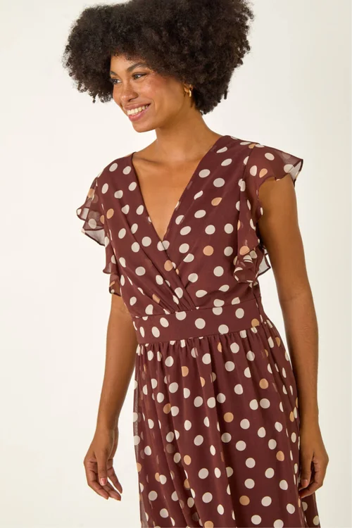 Roman Brown Spot Print V-Neck Frill Midi Dress - Size 12 Image 4
