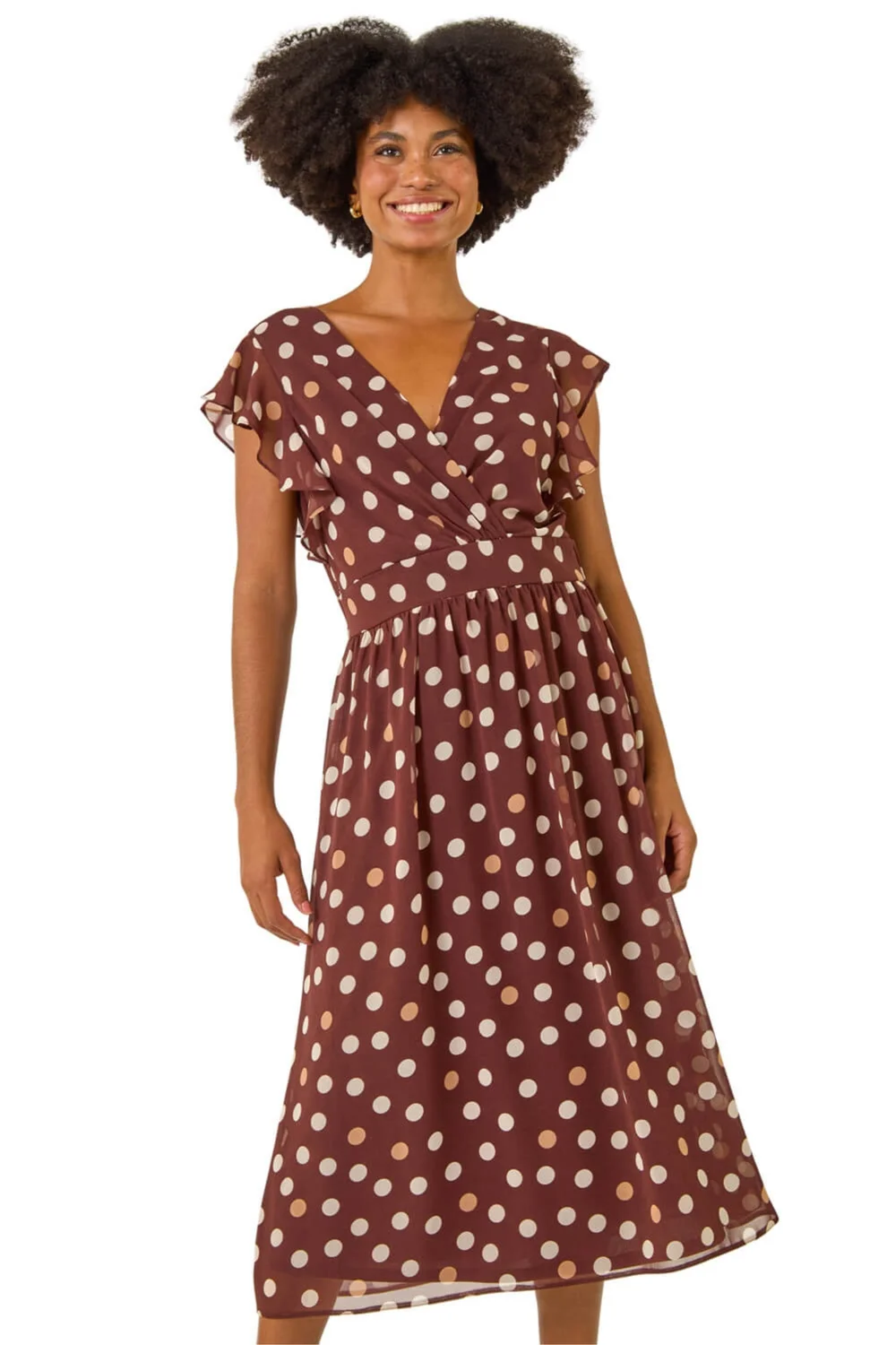 Roman Brown Spot Print V-Neck Frill Midi Dress - Size 12 Image 1