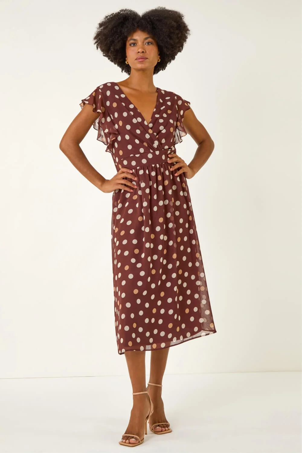 Roman Brown Spot Print V-Neck Frill Midi Dress - Size 12 Image 2