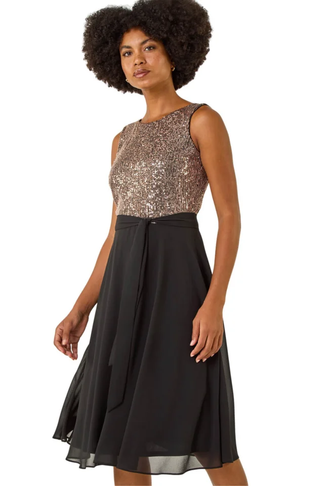 Roman Gold Sequin Bodice Belted Chiffon Dress
