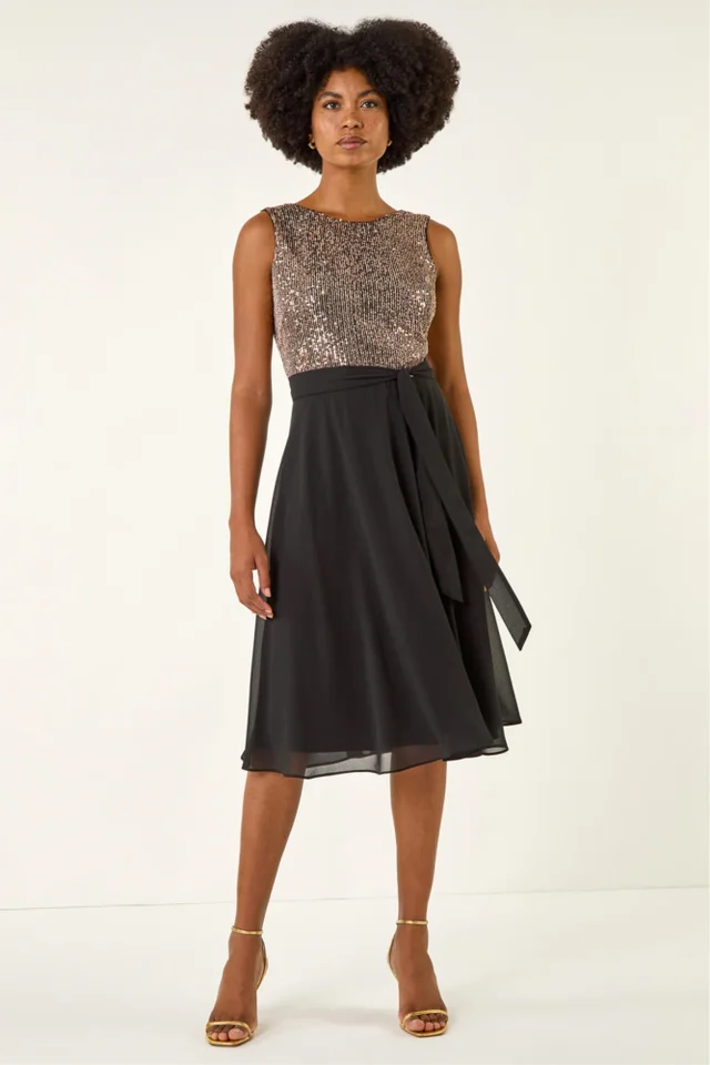 Roman Gold Sequin Bodice Belted Chiffon Dress