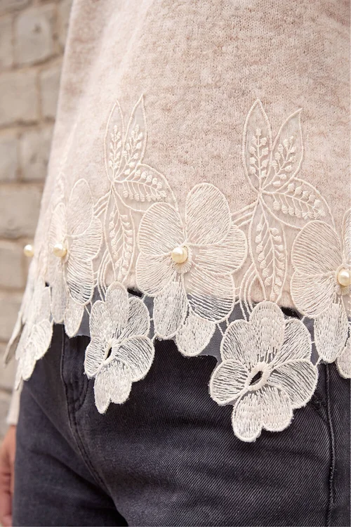 Roman Beige Floral Lace Trim Knit Jumper - 12 Image 4