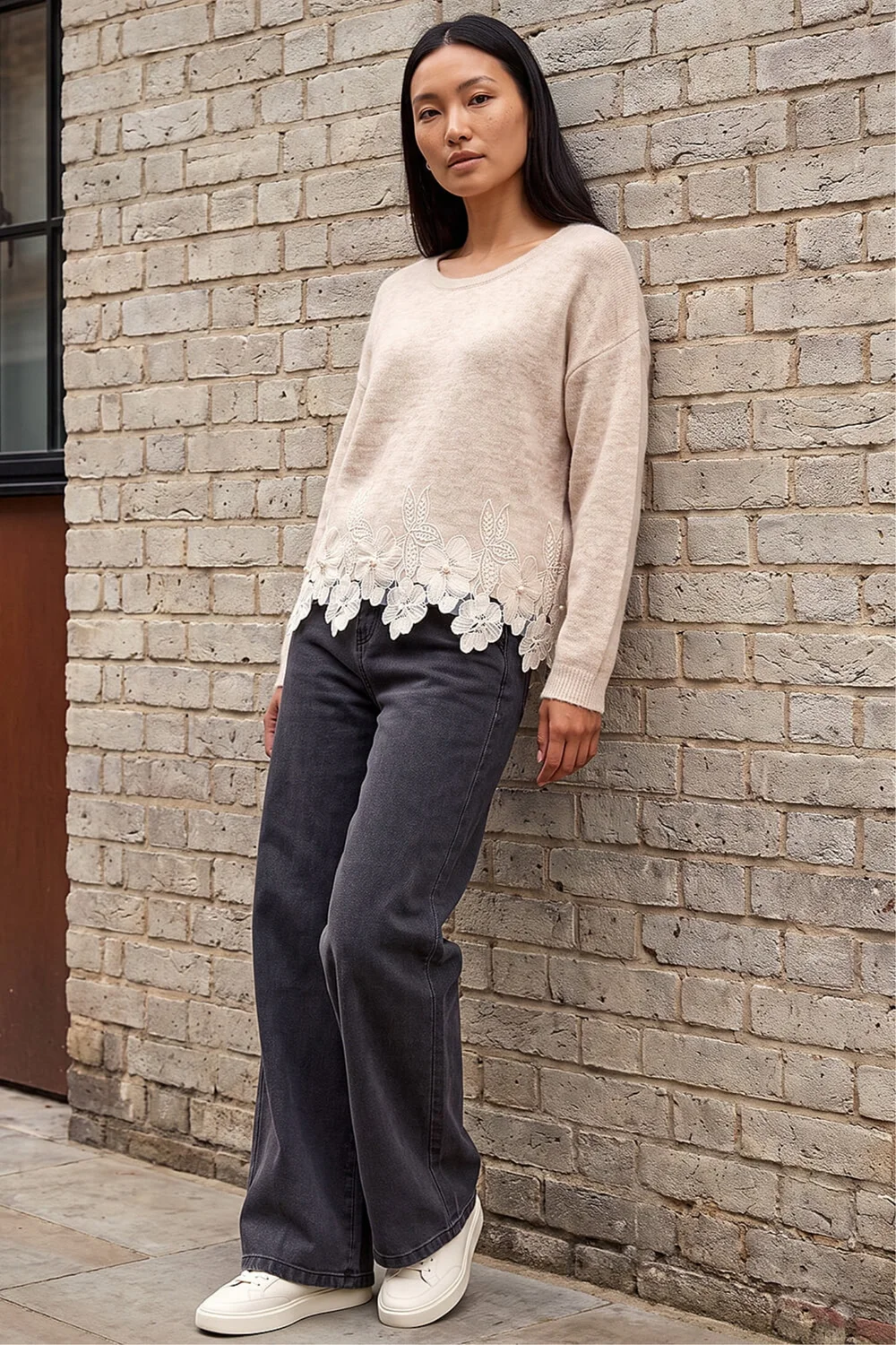 Roman Beige Floral Lace Trim Knit Jumper - 12 Image 2