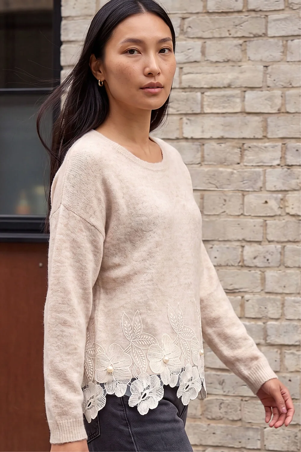 Roman Beige Floral Lace Trim Knit Jumper - 12 Image 1
