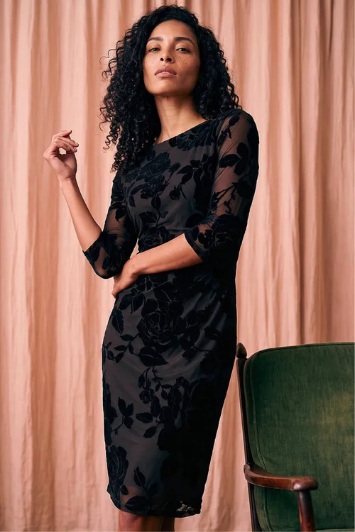 Roman Black Floral Flock Pleat Detail Dress - 16 Image 1
