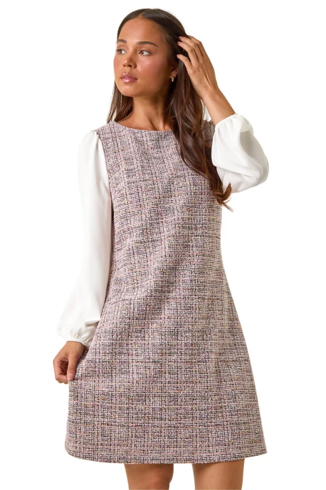 Roman Pink Petite Boucle Contrast Sleeve Dress