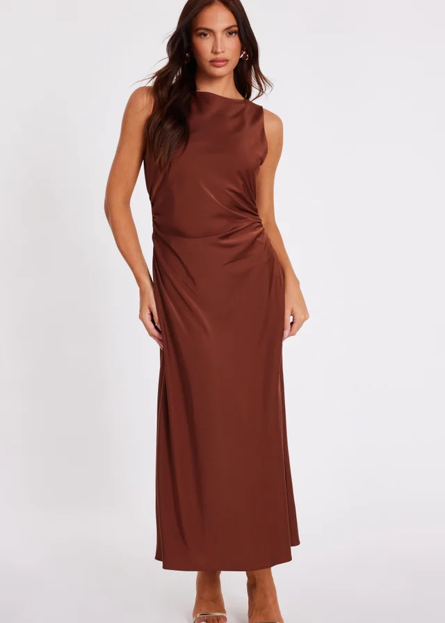 Quiz Brown Satin Ruched Midi Dress
