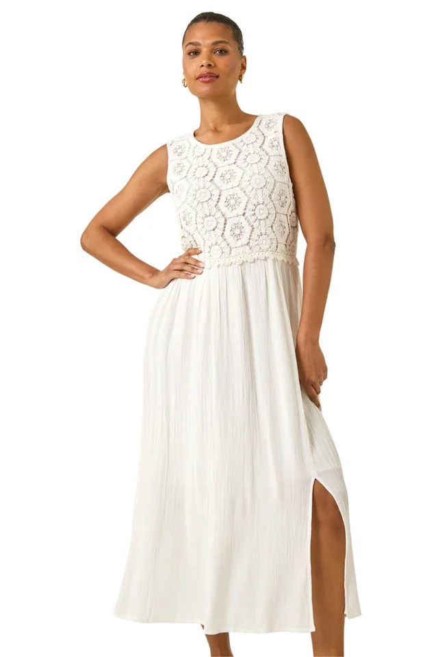 Roman White Crochet Bodice Midi Dress