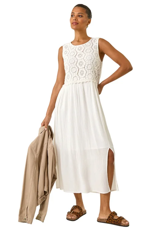 Roman White Crochet Bodice Midi Dress - Size 20 Clothing Image 2