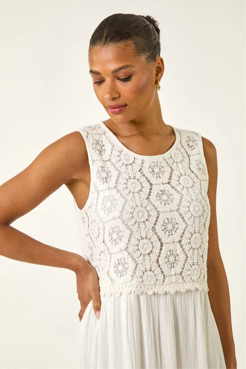 Roman White Crochet Bodice Midi Dress - Size 20 Clothing Image 4