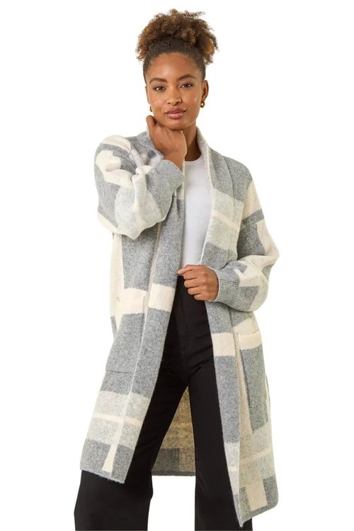 Roman Grey Check Longline Pocket Cardigan - L Image 1