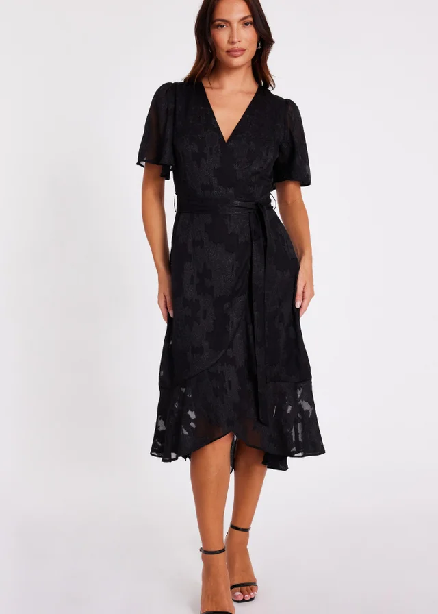 Quiz Black Jacquard Wrap Midi Dress