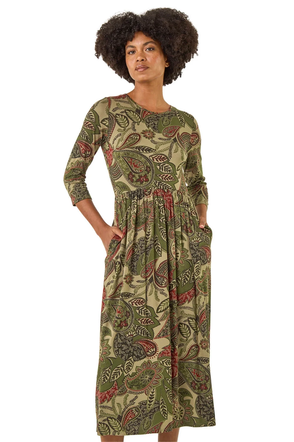 Roman Khaki Paisley Print Stretch Midi Dress - 12 Image 1