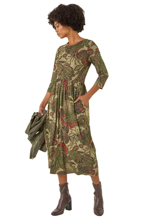 Roman Khaki Paisley Print Stretch Midi Dress - 12 Image 2