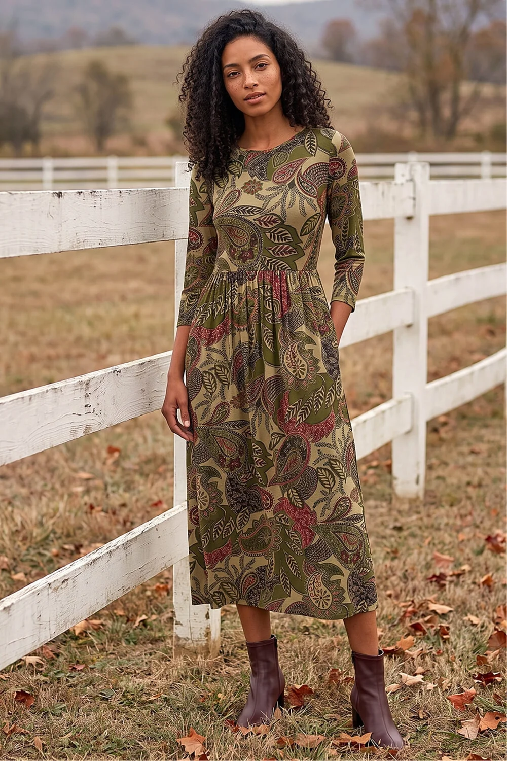 Roman Khaki Paisley Print Stretch Midi Dress - 12 Image 3