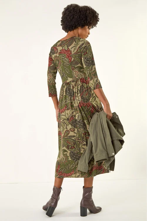 Roman Khaki Paisley Print Stretch Midi Dress - 12 Image 3