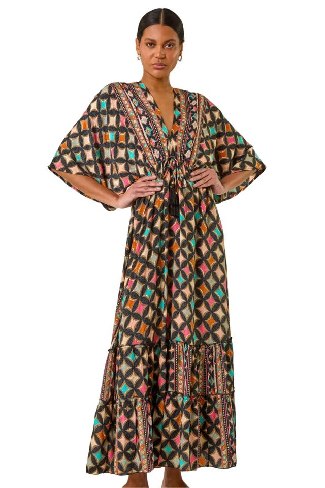 Roman Black Geo Print V-Neck Frill Maxi Dress