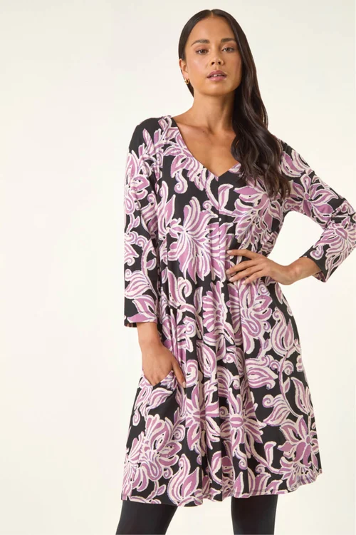 Roman Pink Petite V-Neck Swing Dress - 8 Image 1