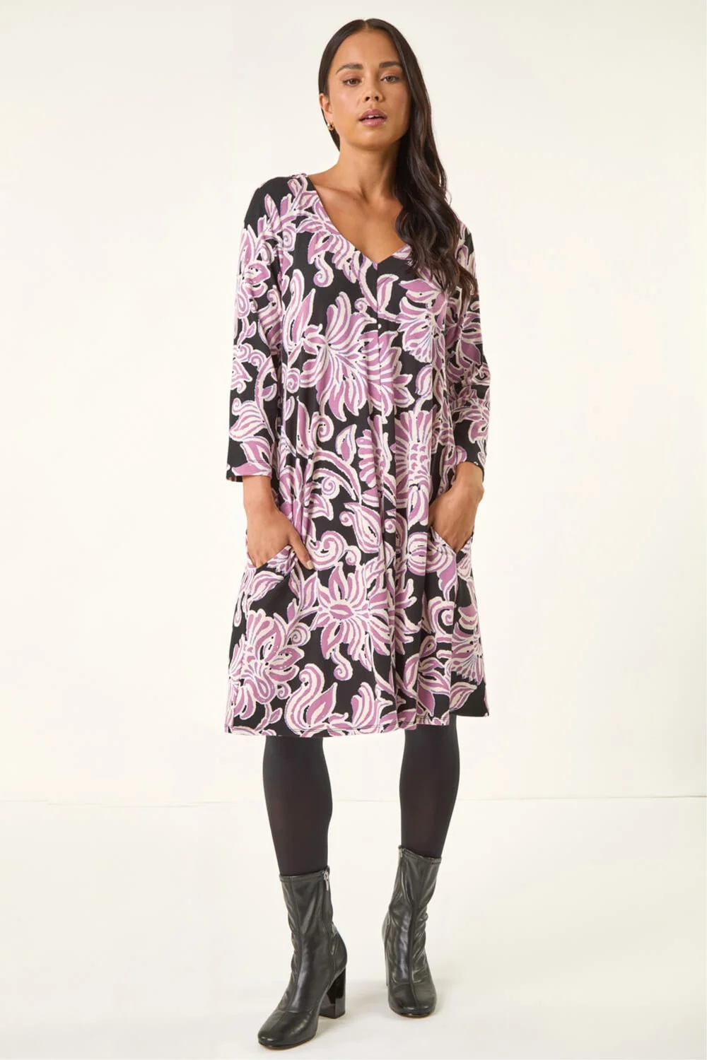 Roman Pink Petite V-Neck Swing Dress - 8 Image 3