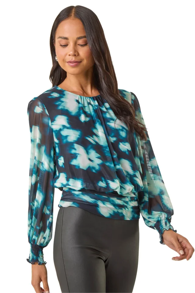 Roman Teal Petite Mesh Blouson Top