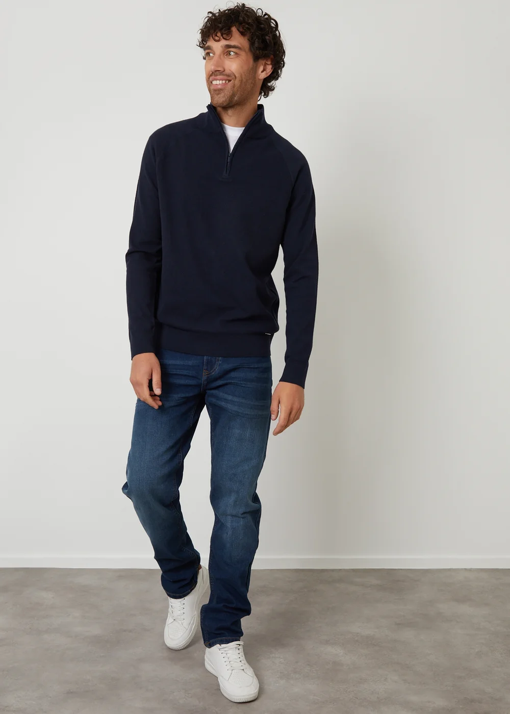 Threadbare Navy Textured Knit Quarter Zip Jumper - L Image 3